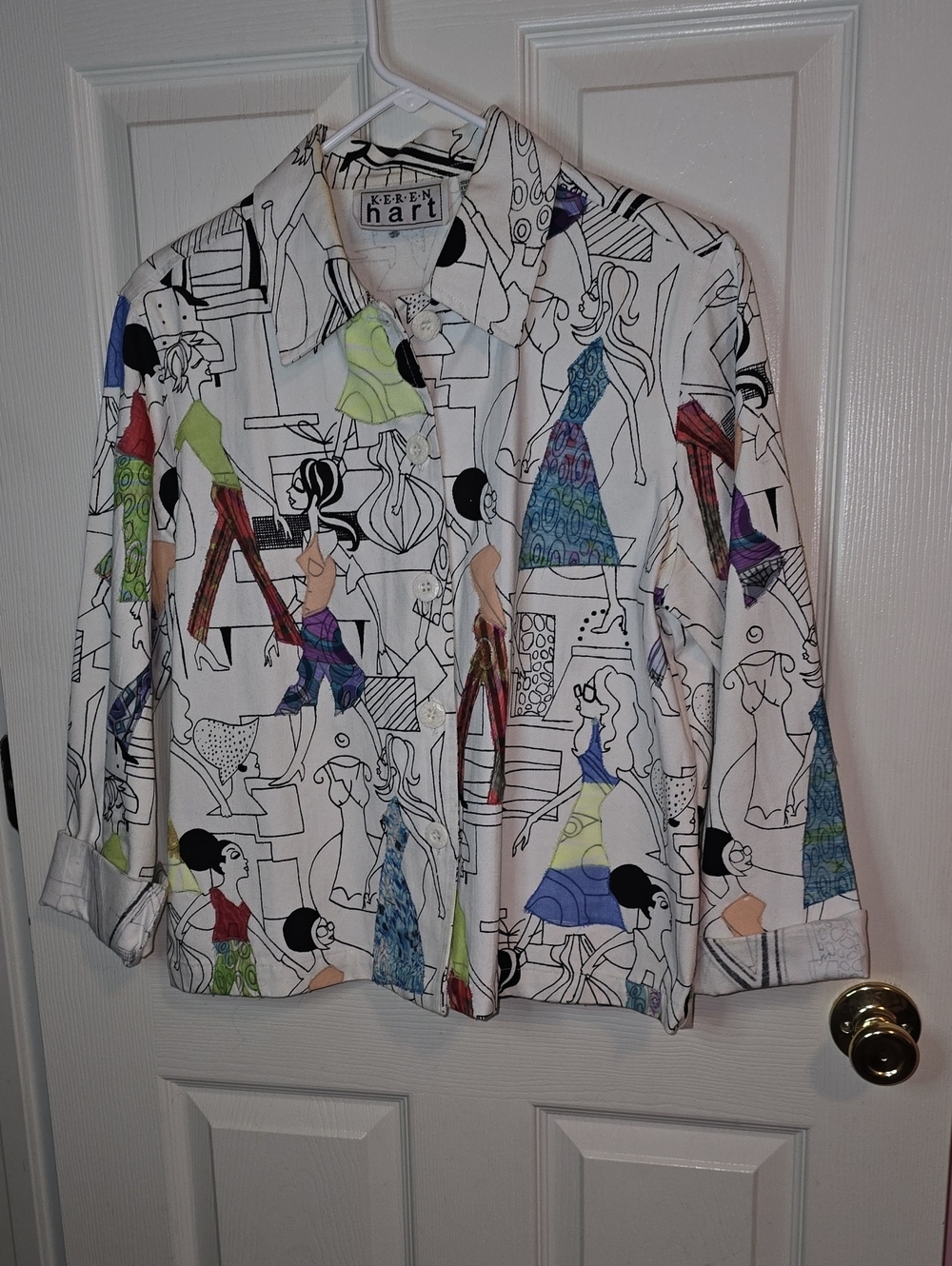 VINTAGE KEREN hart White‎ Button-Up Jacket with Multicolor Fashion Illustration